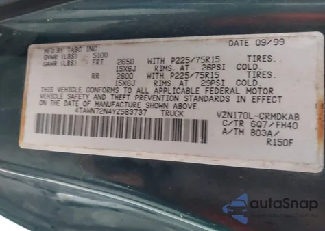 2000 Toyota Tacoma Base V6 z USA, uszkodzony, nr VIN 4TAWN72N4Y2583737